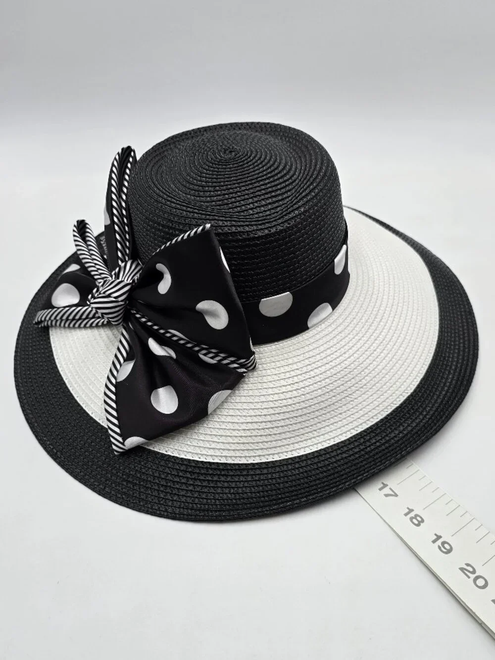 August Hat Company B&W Wide Brim Hat with Polka-Dot & Striped Accent Bow